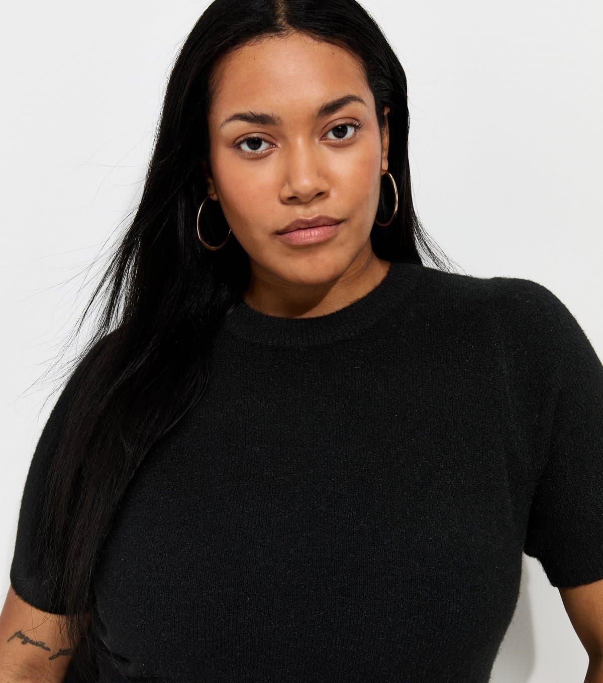 New Look Women's Plus Size Black Brushed Knit Set In Sleeve T-Shirt Curves New Look