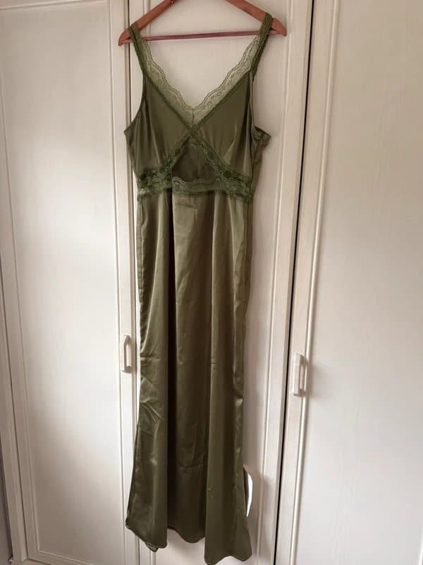 Never Fully Dressed Olive Green Never Fully Dressed mimi lace cut out satin midaxi dress  - size 14