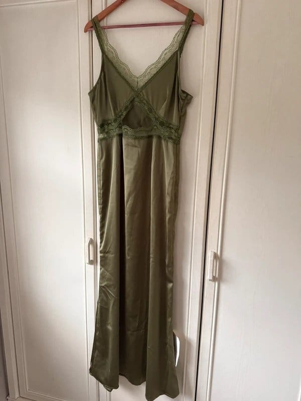 Never Fully Dressed Olive Green Never Fully Dressed mimi lace cut out satin midaxi dress - size 14 - 1