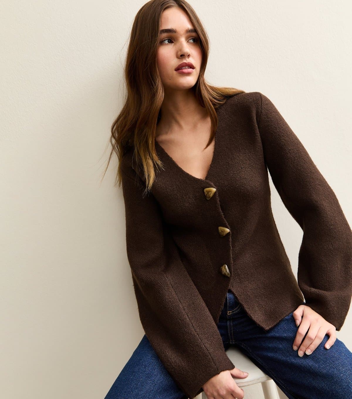 New Look Women's Dark Brown V- Neck Heavyweight Knit Cardigan New Look