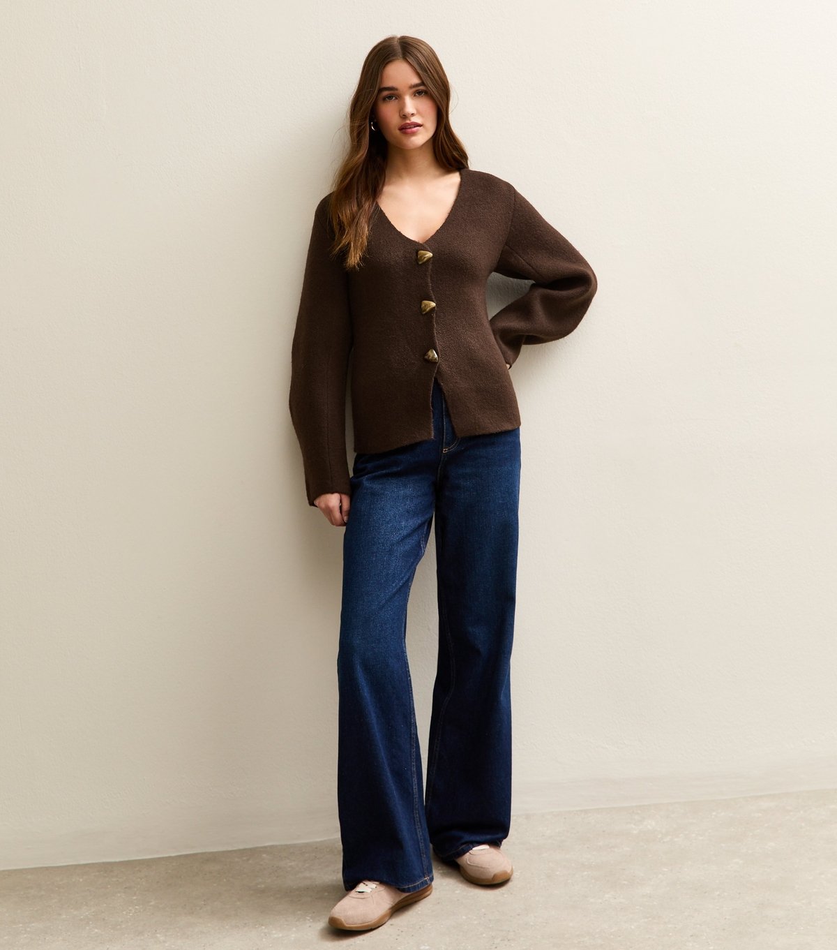 New Look Women's Dark Brown V- Neck Heavyweight Knit Cardigan New Look - 3