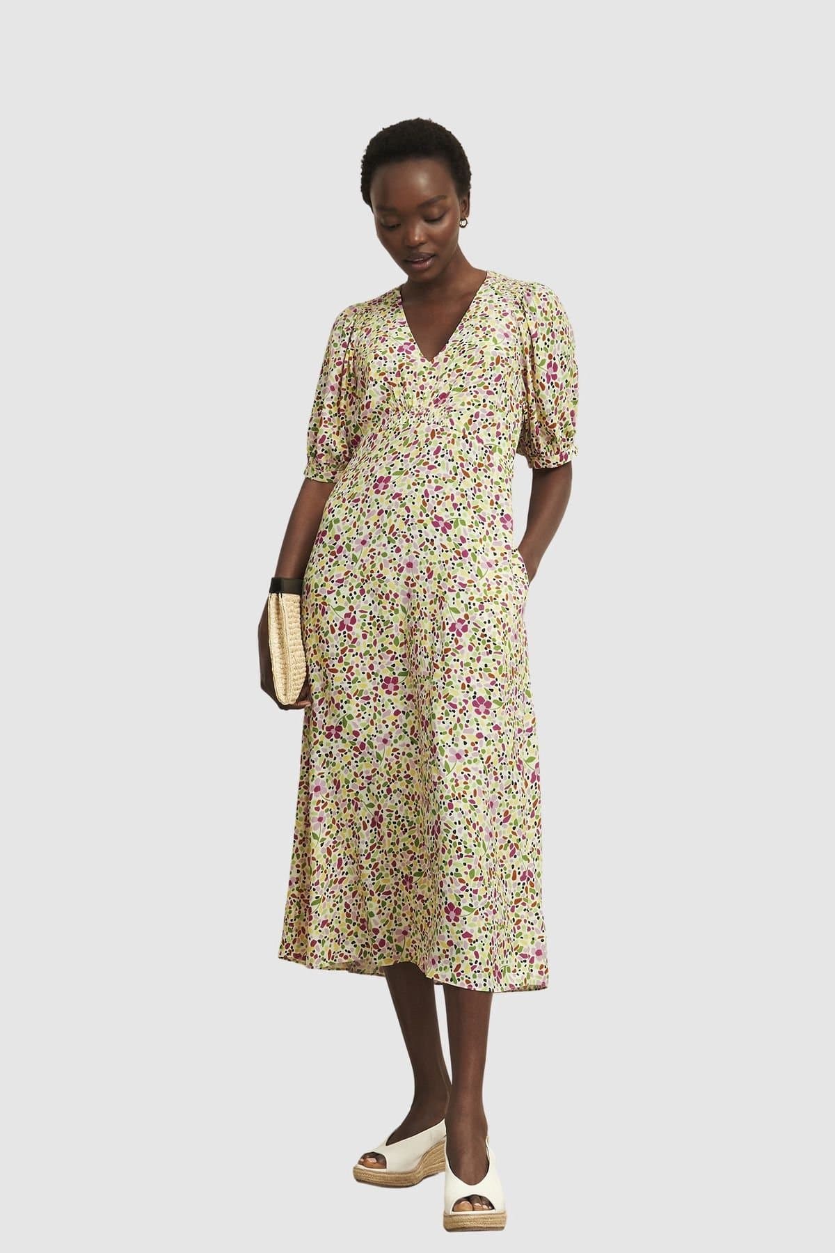 Hobbs London Hobbs London Women's Santana Short Sleeve V-Neck Midi Dress in Warm White