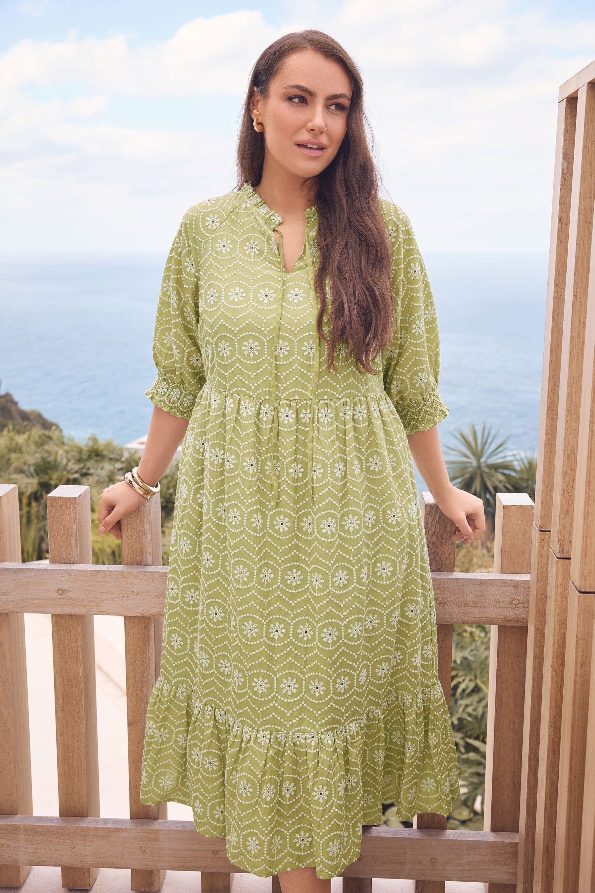 Evans Evans Women's Tie Neck Broderie Cotton Maxi Dress in Green