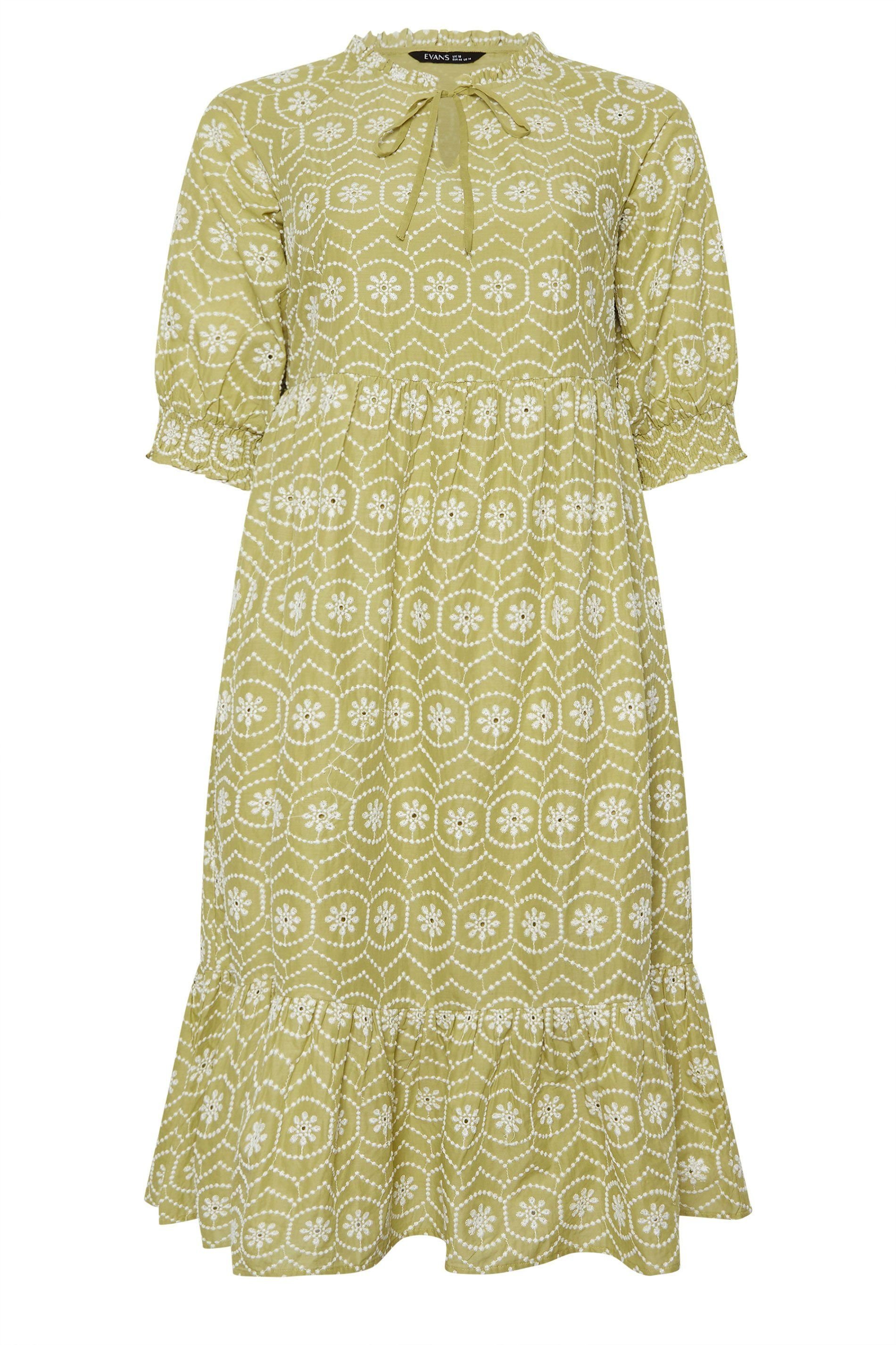 Evans Evans Women's Tie Neck Broderie Cotton Maxi Dress in Green - 2