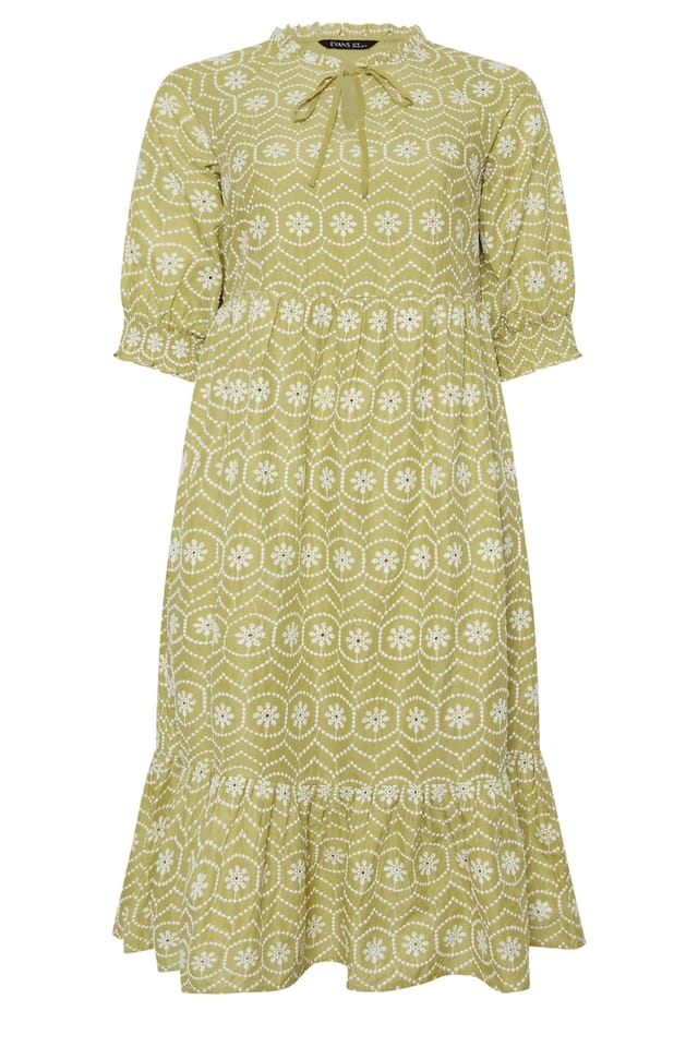 Evans Evans Women's Tie Neck Broderie Cotton Maxi Dress in Green - 2