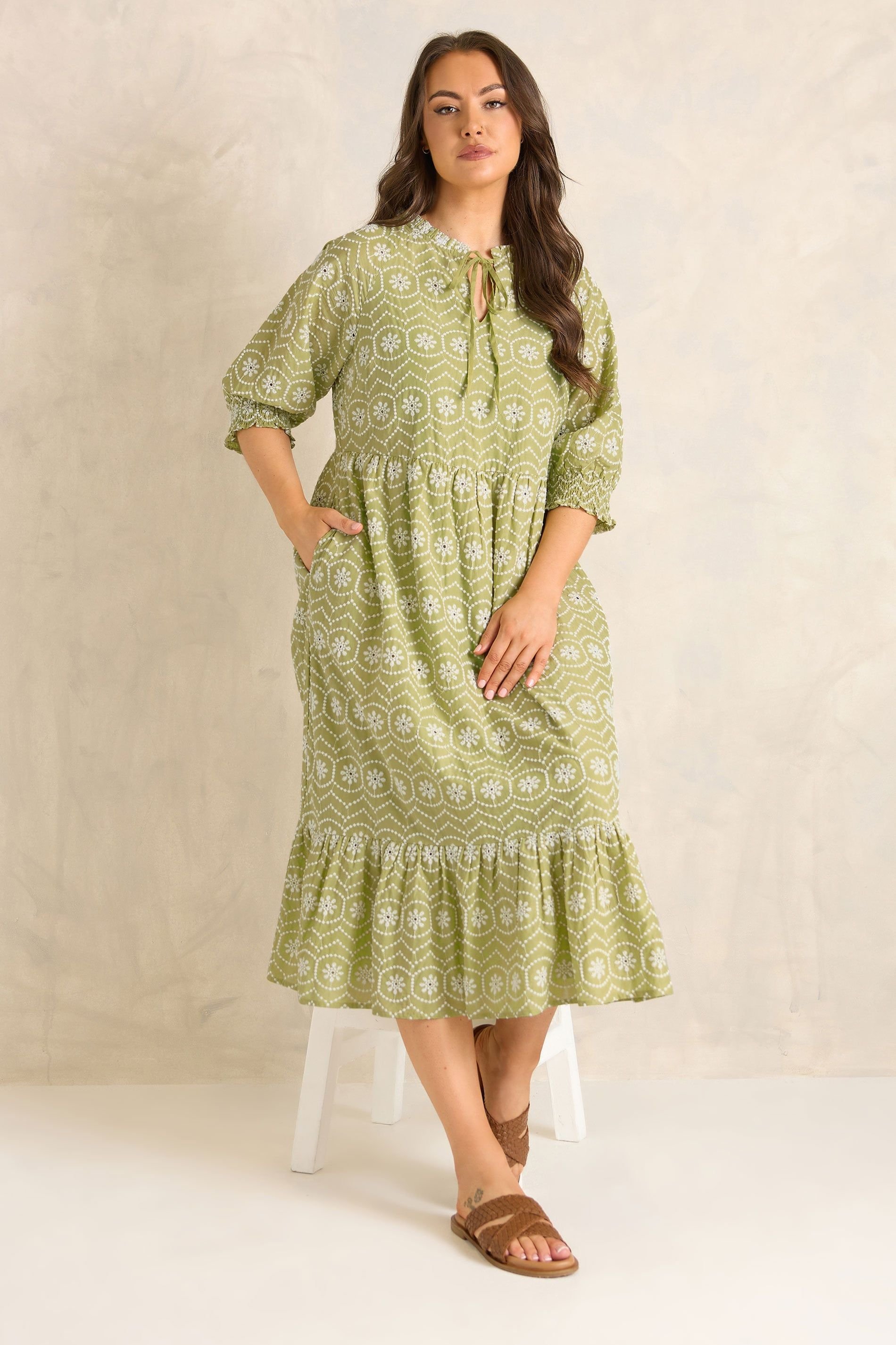 Evans Evans Women's Tie Neck Broderie Cotton Maxi Dress in Green - 3