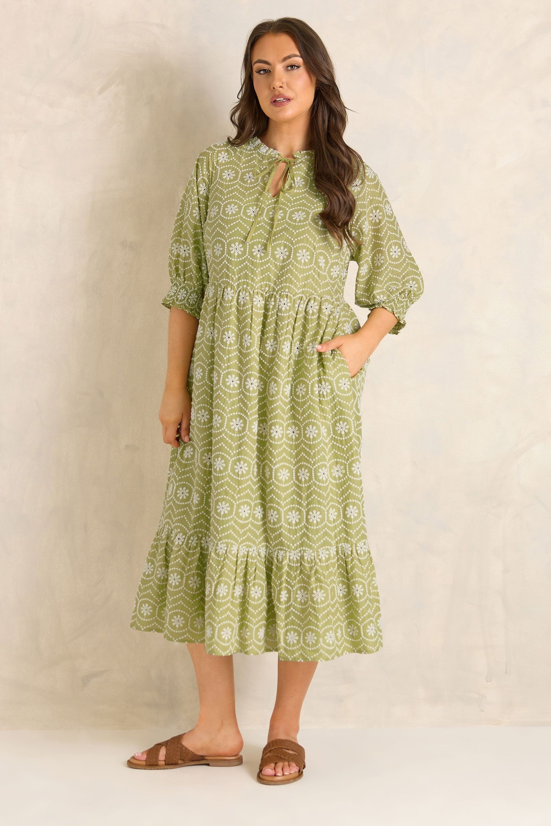 Evans Evans Women's Tie Neck Broderie Cotton Maxi Dress in Green - 4