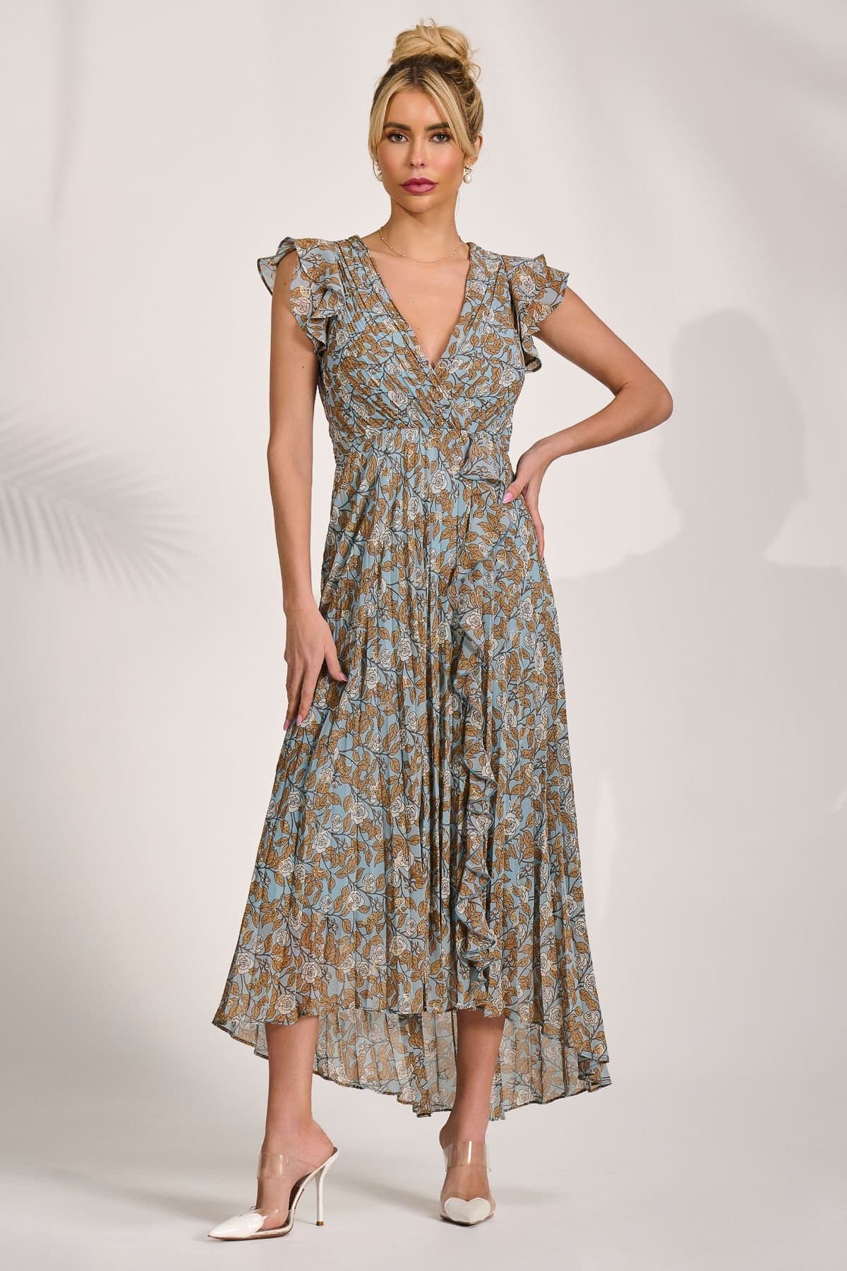 Jolie Moi Jolie Moi Women's Pleated Chiffon Dip Hem Maxi Dress in Blue