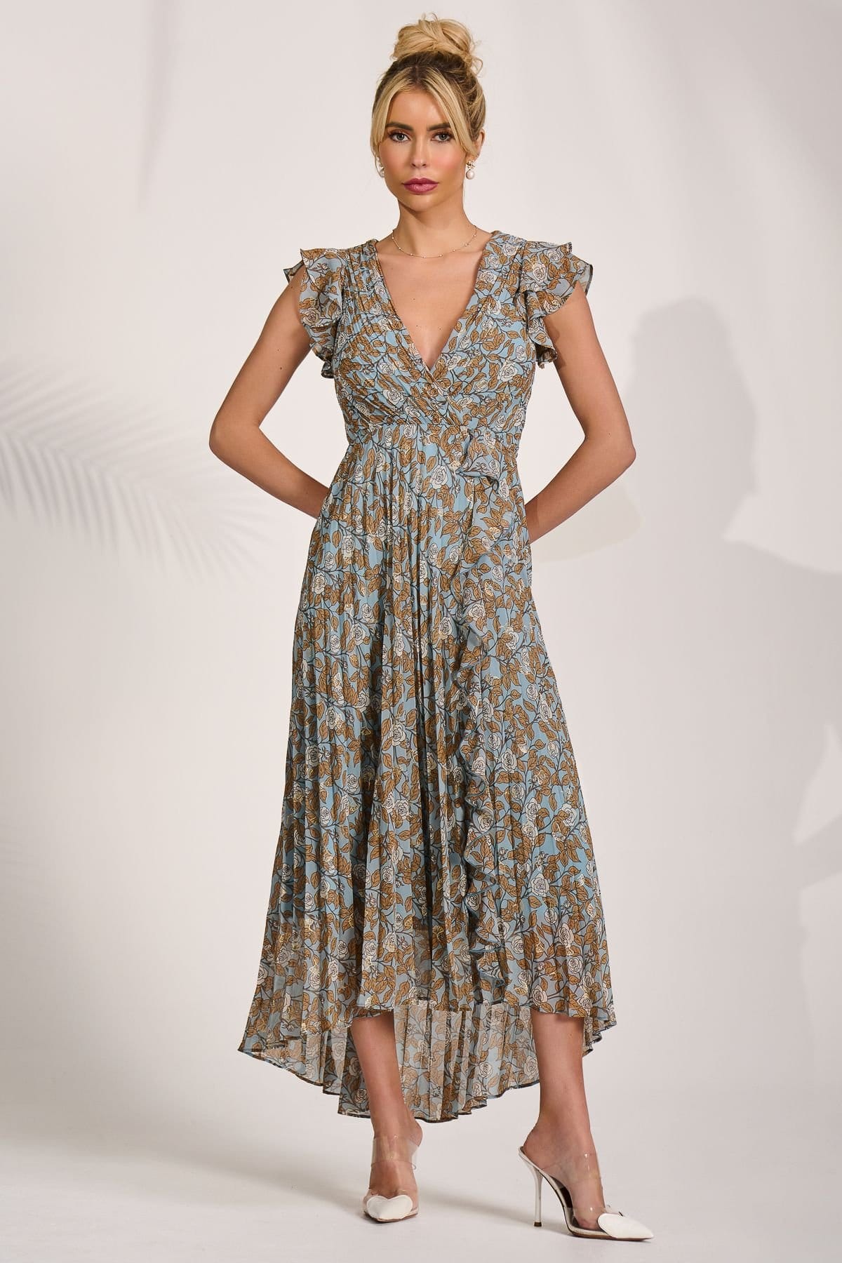 Jolie Moi Jolie Moi Women's Pleated Chiffon Dip Hem Maxi Dress in Blue - 4