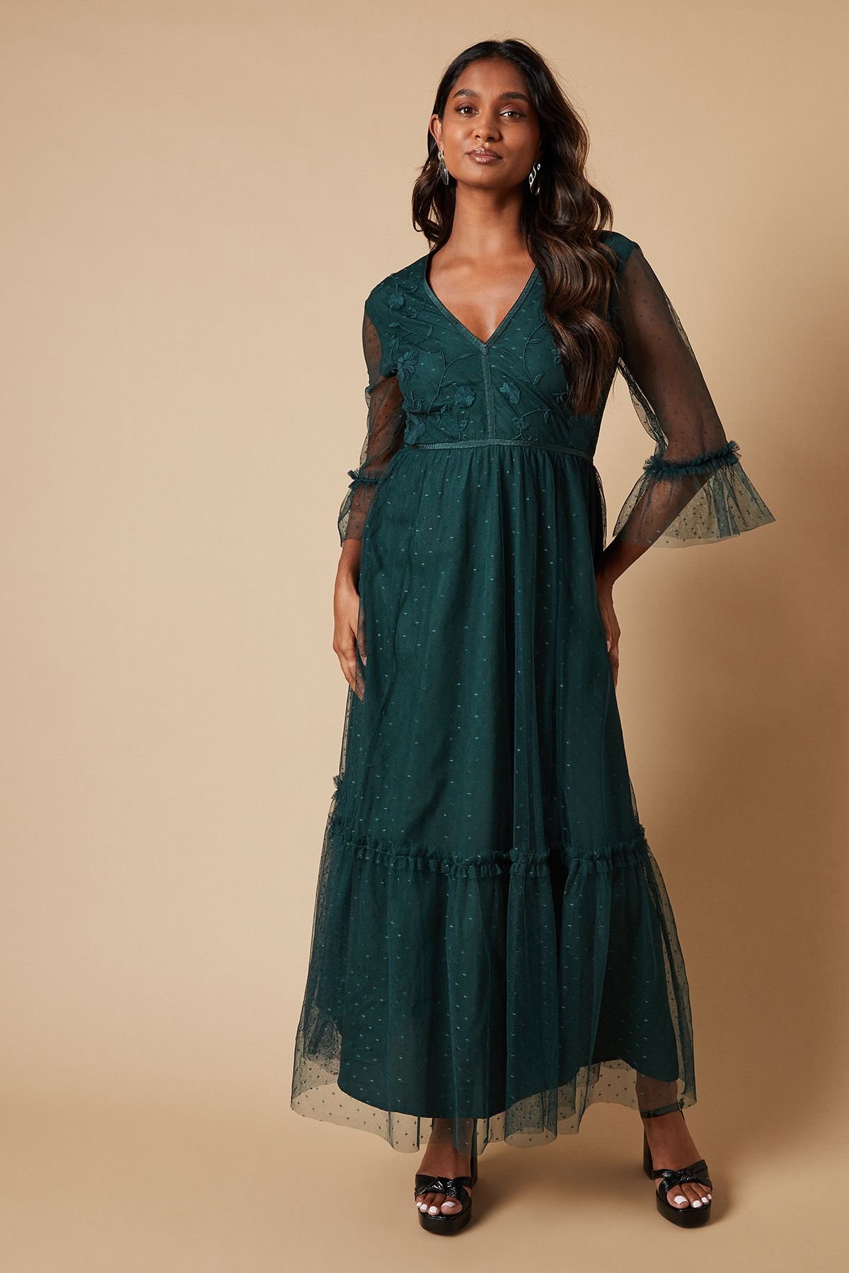 Oasis Oasis Women's Occasion Embroidered Mesh Tiered Midaxi Dress in Green - 2