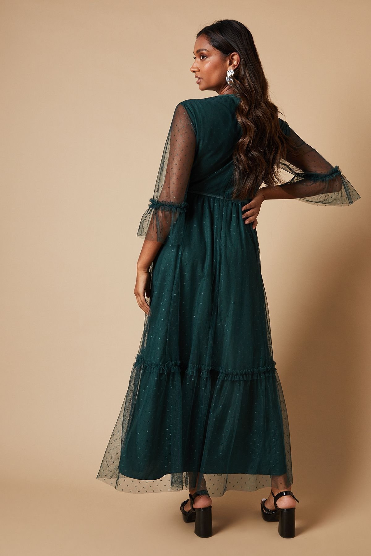 Oasis Oasis Women's Occasion Embroidered Mesh Tiered Midaxi Dress in Green - 4