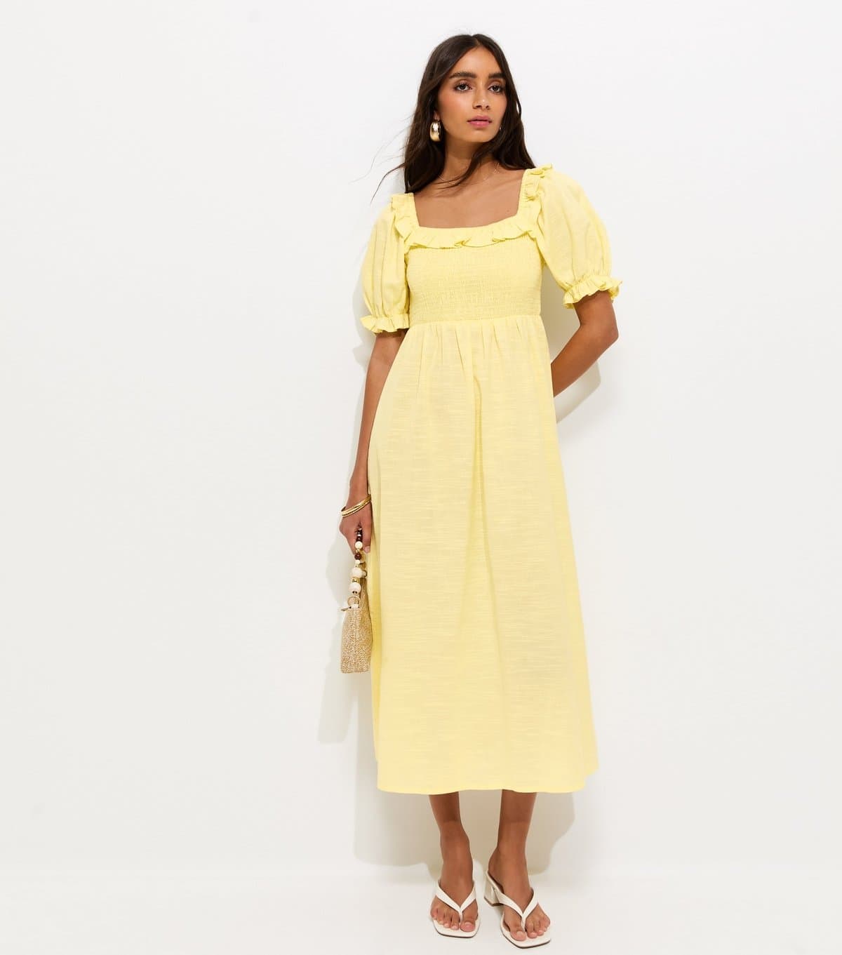 New Look Women's Light Yellow Short Sleeve Shirred Frill Midi Dress New Look