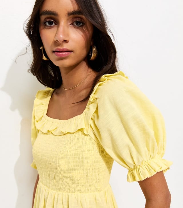 New Look Women's Light Yellow Short Sleeve Shirred Frill Midi Dress New Look - 2