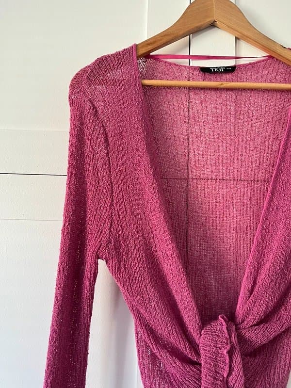 Tigi Dark pink Y2K Style sheer fine Popcorn Style Knit Tie-open Front Bolero Shrug Cardigan