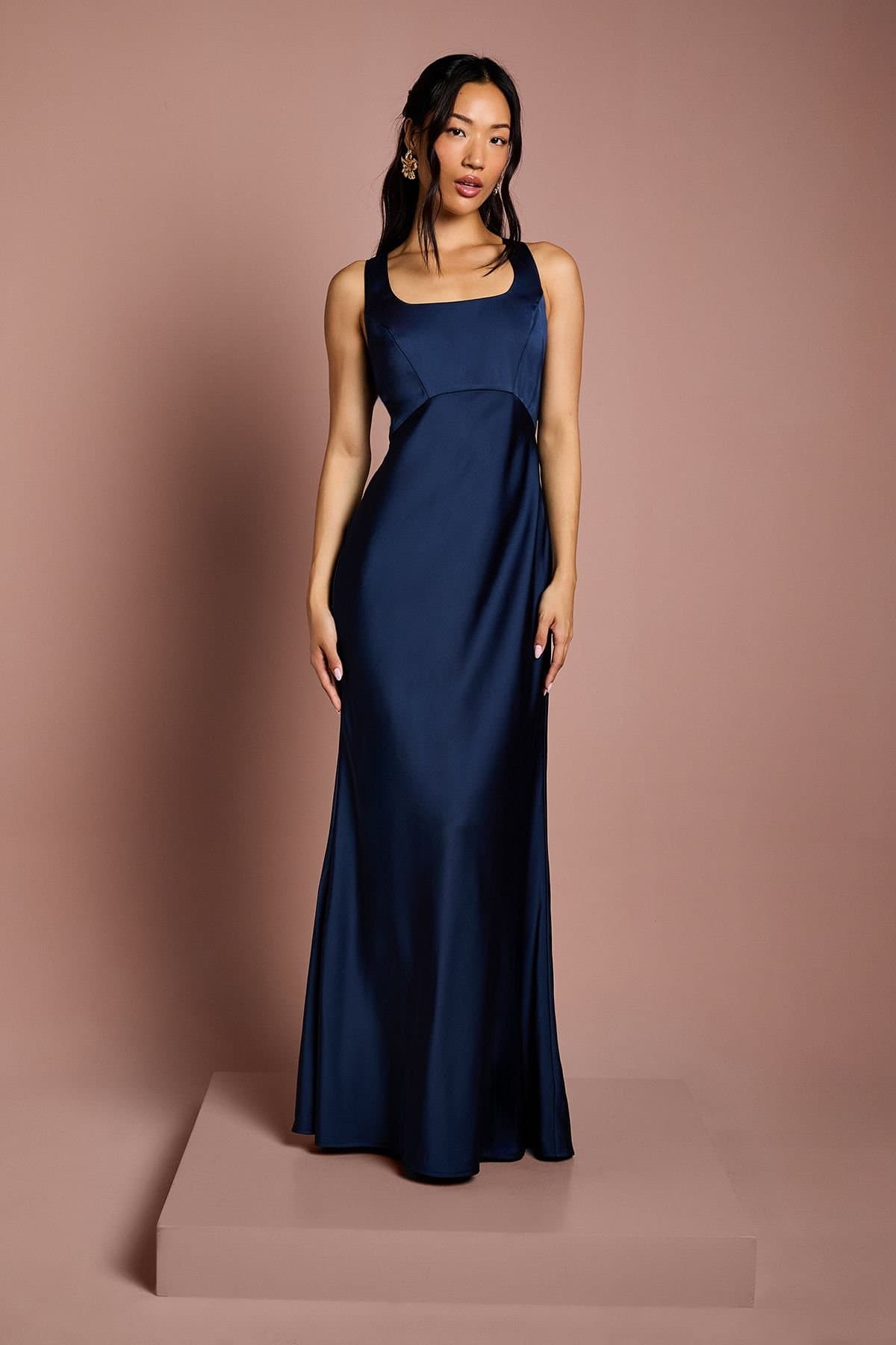 Coast Coast Women's Square Neck Satin & Crepe Bridesmaid Dress with Bow Back in Navy