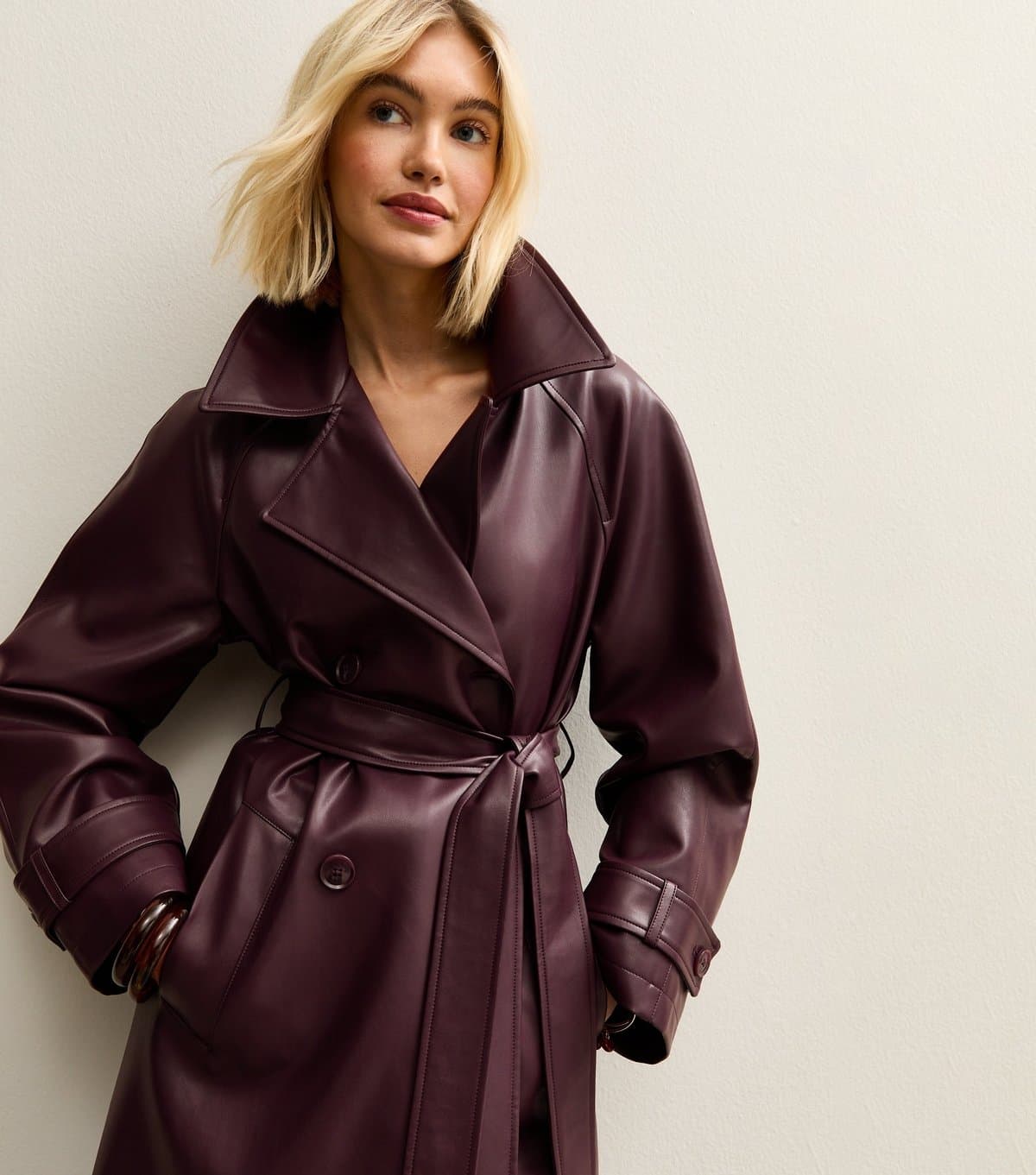 New Look Women's Burgundy Faux Leather Trench Coat New Look