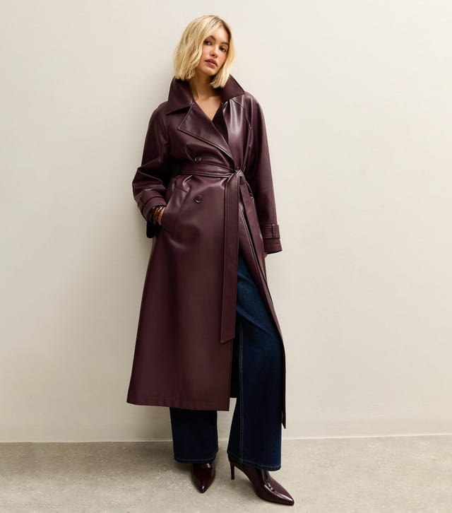 New Look Women's Burgundy Faux Leather Trench Coat New Look - 3