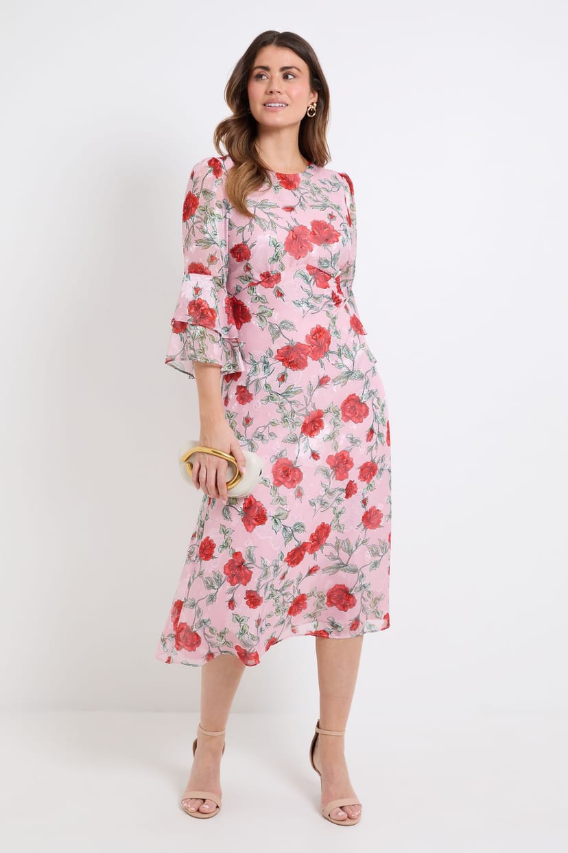 Wallis Wallis Women's Floral Burn Out Ruffle Sleeve Midi Dress in Pink - 1