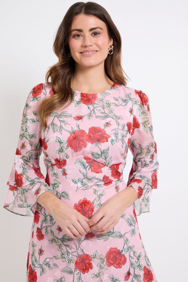 Wallis Wallis Women's Floral Burn Out Ruffle Sleeve Midi Dress in Pink - 2