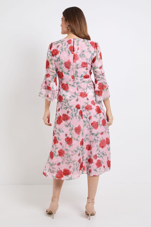 Wallis Wallis Women's Floral Burn Out Ruffle Sleeve Midi Dress in Pink - 3