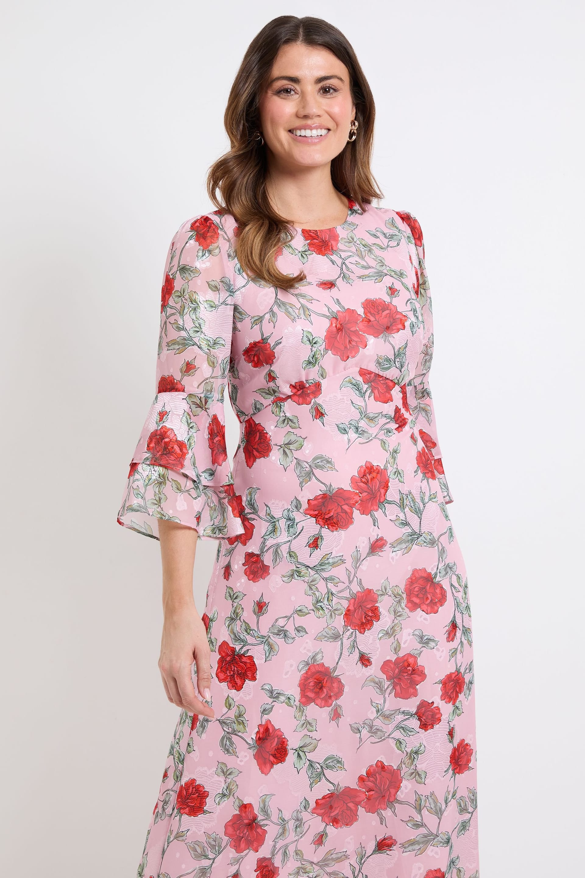 Wallis Wallis Women's Floral Burn Out Ruffle Sleeve Midi Dress in Pink - 4