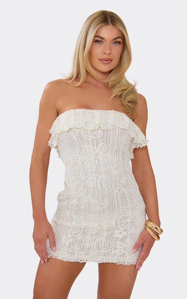 EGO Bandeau Fold Over Frill Mini Dress In Stone Floral Texture, Women's Size UK 6 - 2