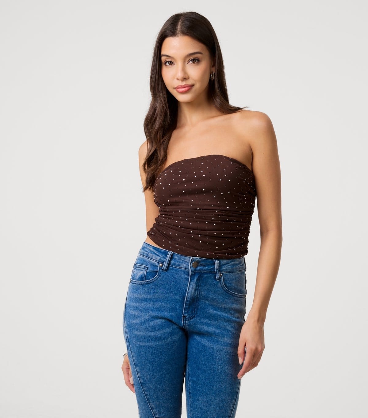 Pink Vanilla Women's Brown Mesh Diamante Embellished Bandeau Top Pink Vanilla New Look - 4