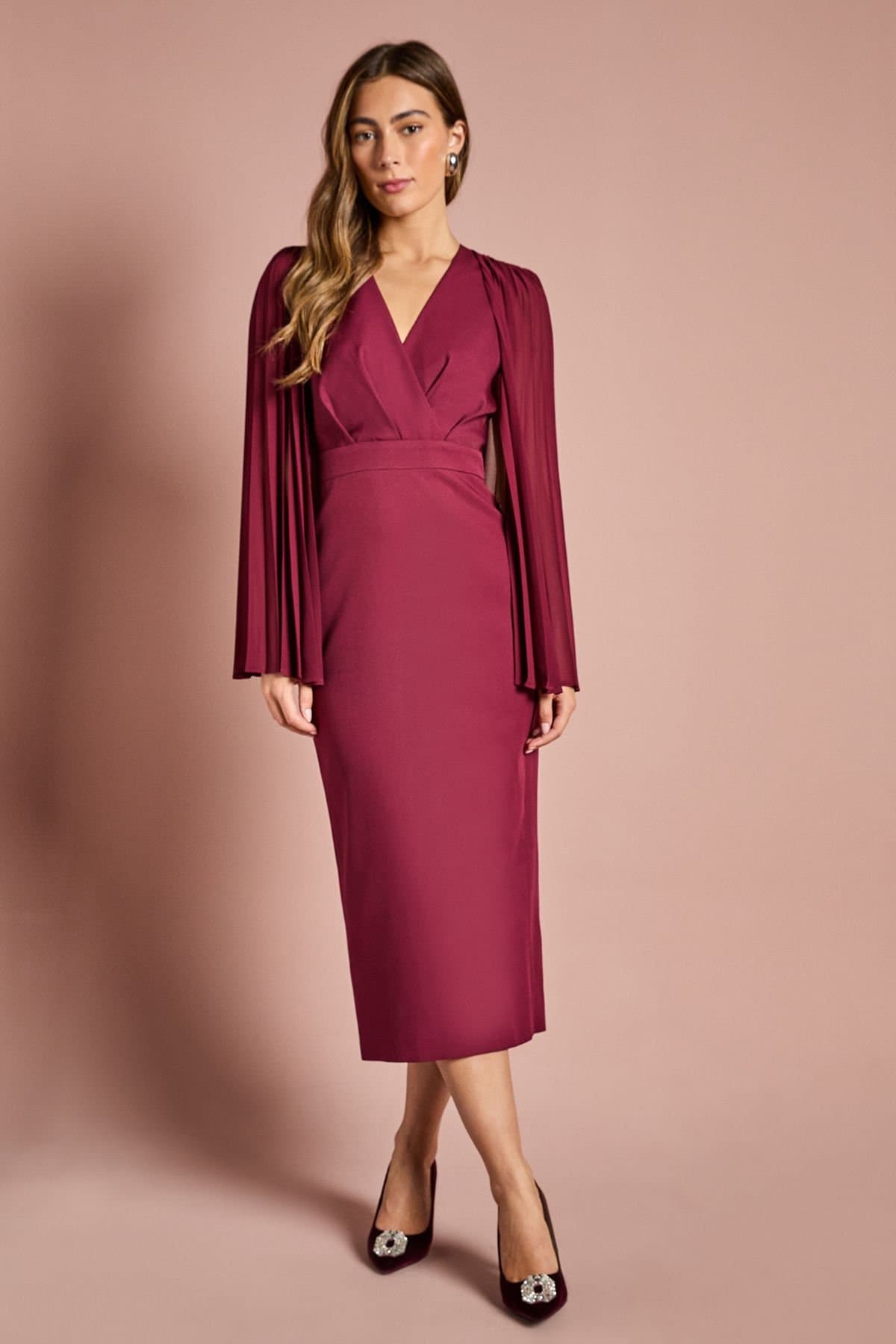 Coast Coast Women's Pleated Cape Sleeve Crepe Pencil Midi Dress in Berry