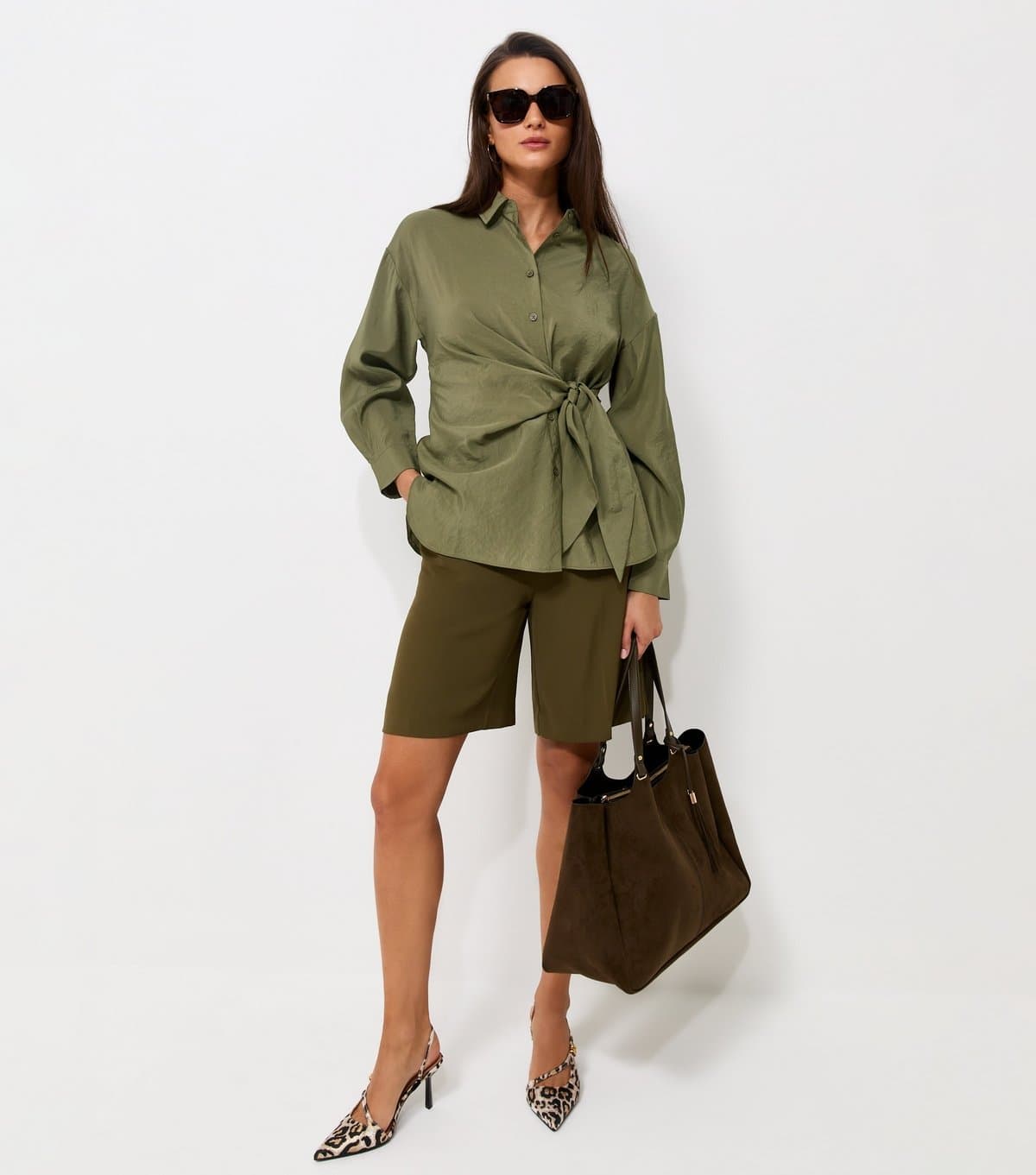 New Look Women's Dark Khaki Draped Side Tie Shirt New Look