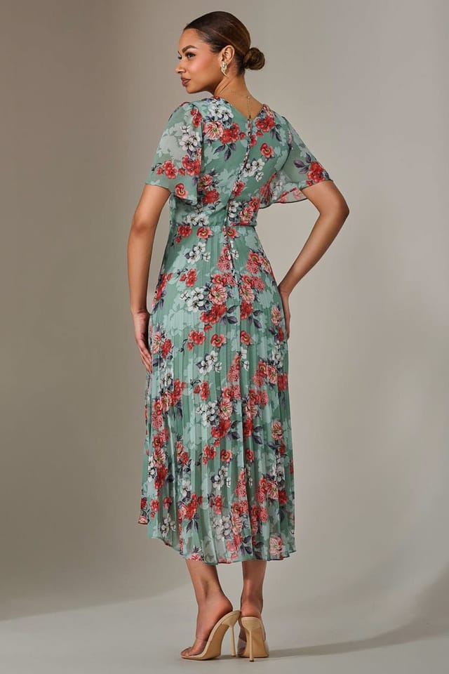 Jolie Moi Jolie Moi Women's Angel Sleeve Pleated Chiffon Maxi Dress in Green - 2