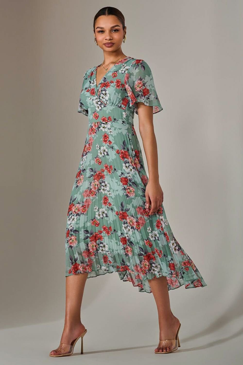 Jolie Moi Jolie Moi Women's Angel Sleeve Pleated Chiffon Maxi Dress in Green - 4