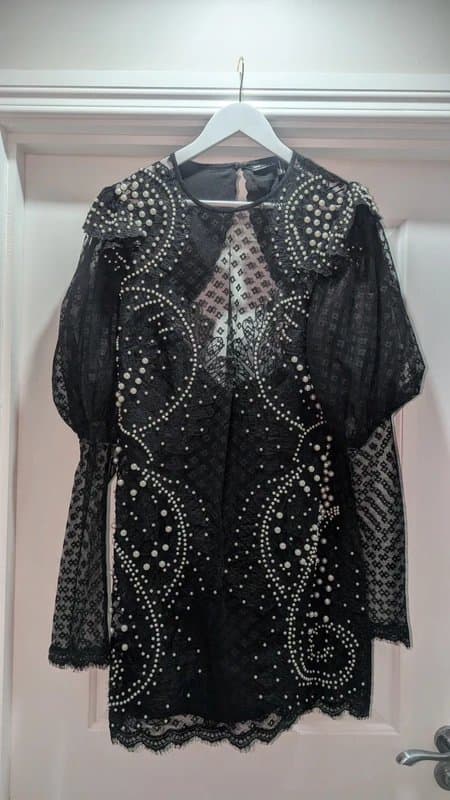 ASOS ASOS luxe pearl embellished lace puff sleeve mini dress in black size 16