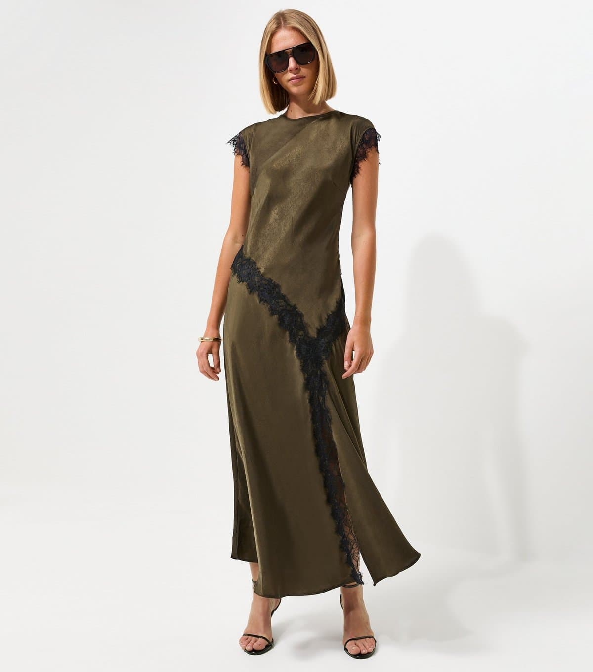 New Look Women's Dark Khaki Lace Trim Bias Cut Midi Dress New Look