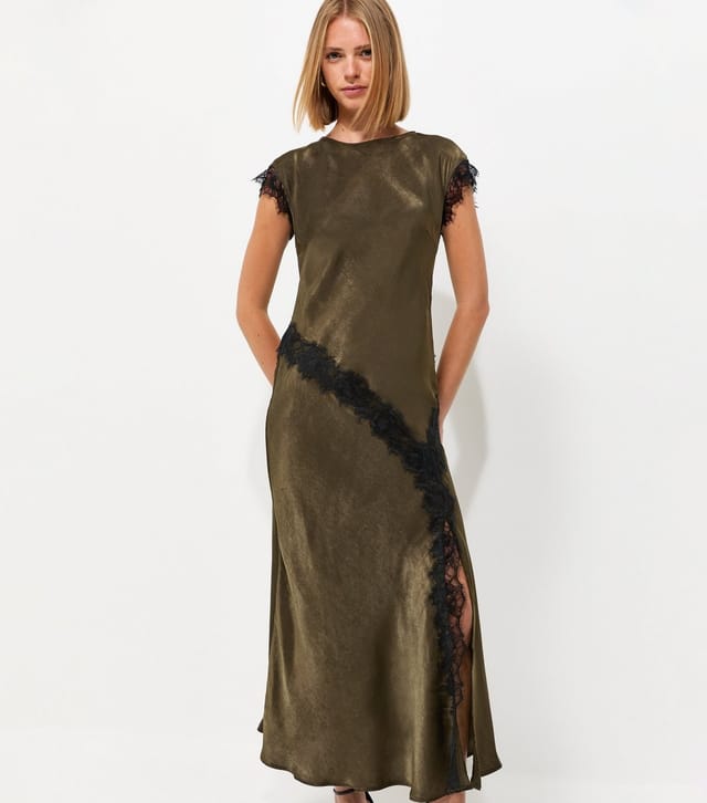 New Look Women's Dark Khaki Lace Trim Bias Cut Midi Dress New Look - 3