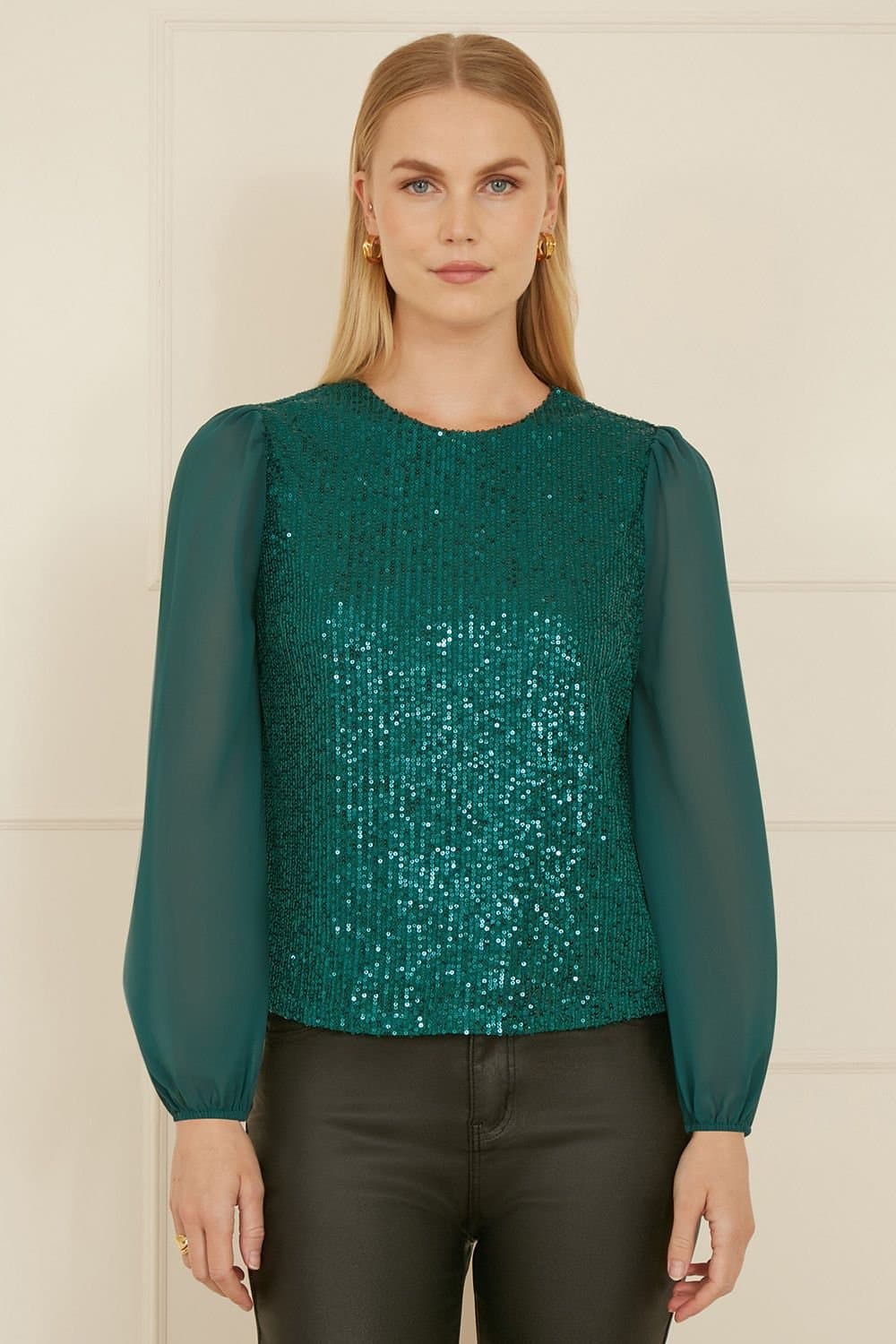 Yumi Yumi Women's Green Sequin Top With Sheer Sleeves