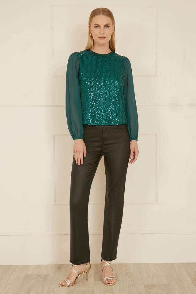 Yumi Yumi Women's Green Sequin Top With Sheer Sleeves - 2