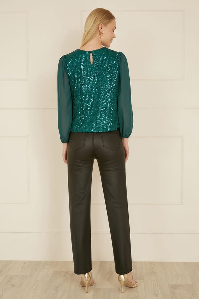Yumi Yumi Women's Green Sequin Top With Sheer Sleeves - 3