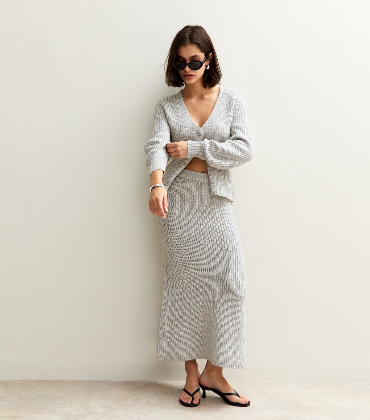 New Look New Look Grey Ribbed Knit Midi Skirt