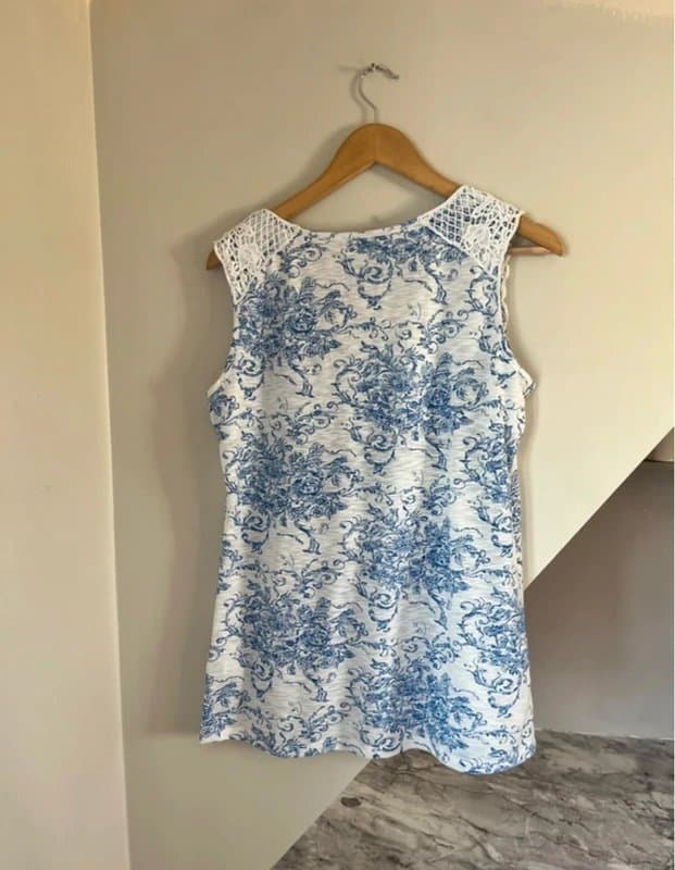 Per Una Per Una M&S White Blue Pattern Lace Western Country Summer Blouse Top Size 14 Excellent Condition