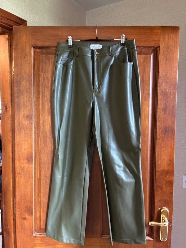 Never Fully Dressed Vegan Leather Olive Straight Leg Jeans