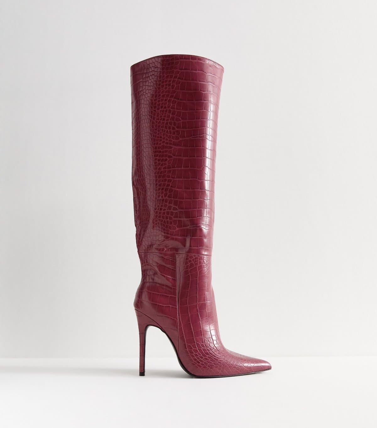 Public Desire Women's Dark Burgundy Nova Crocodile Embossed Knee High Boots Public Desire New Look