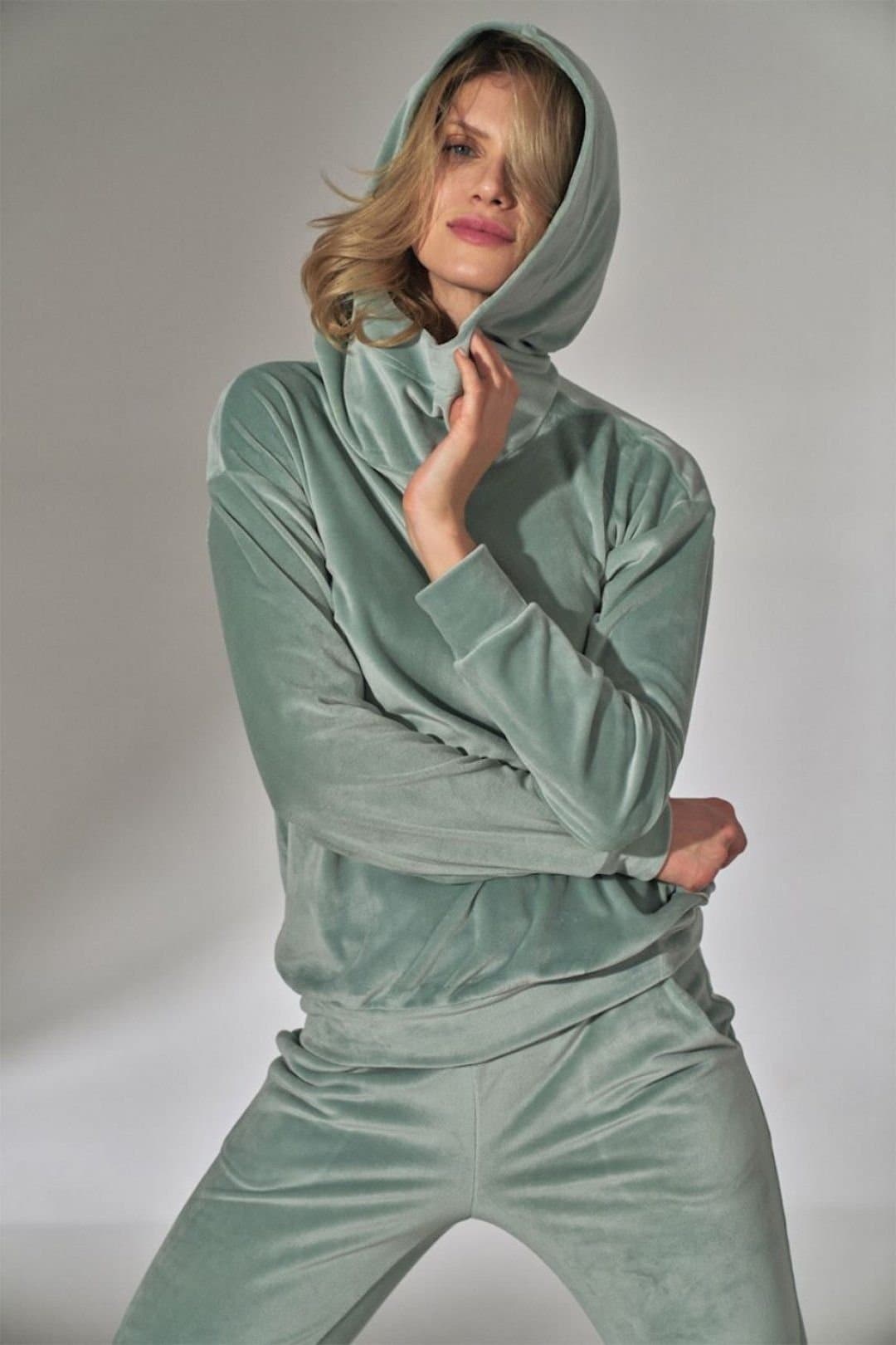 Love Lace Love Lace Women's Mint Velour Hooded Sweatshirt with Stand Collar in Green