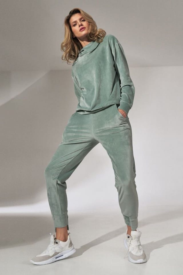 Love Lace Love Lace Women's Mint Velour Hooded Sweatshirt with Stand Collar in Green - 2