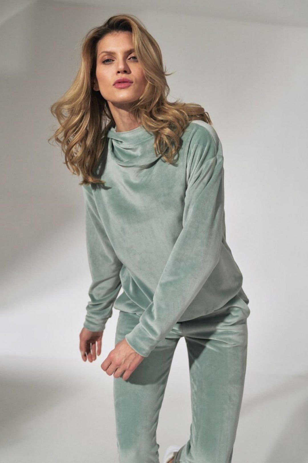 Love Lace Love Lace Women's Mint Velour Hooded Sweatshirt with Stand Collar in Green - 4