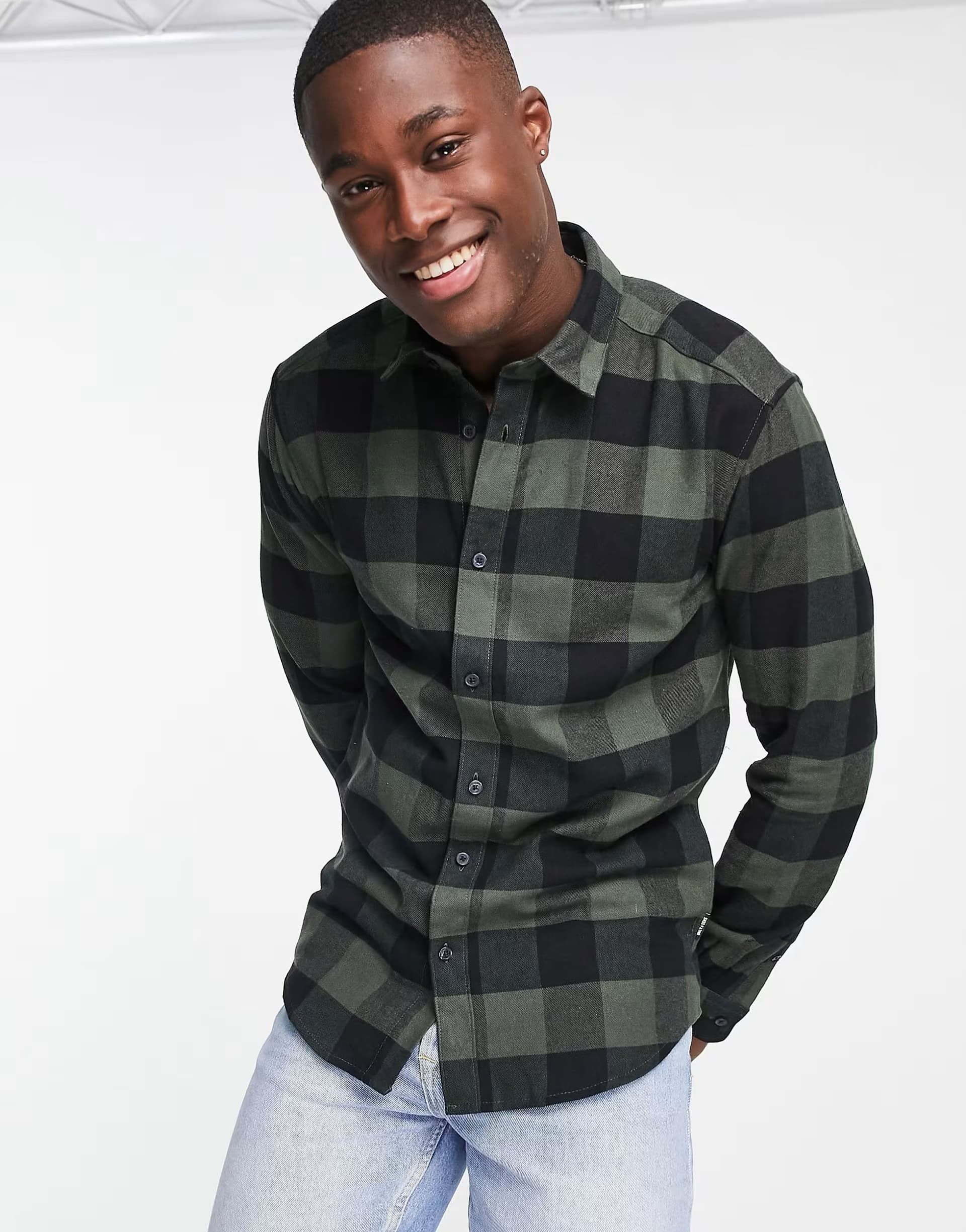 ASOS ONLY & SONS buffalo check shirt in khaki and black