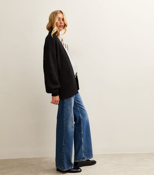 New Look Women's Tall Black Ribbed Knit Balloon Sleeve Long Cardigan New Look - 2