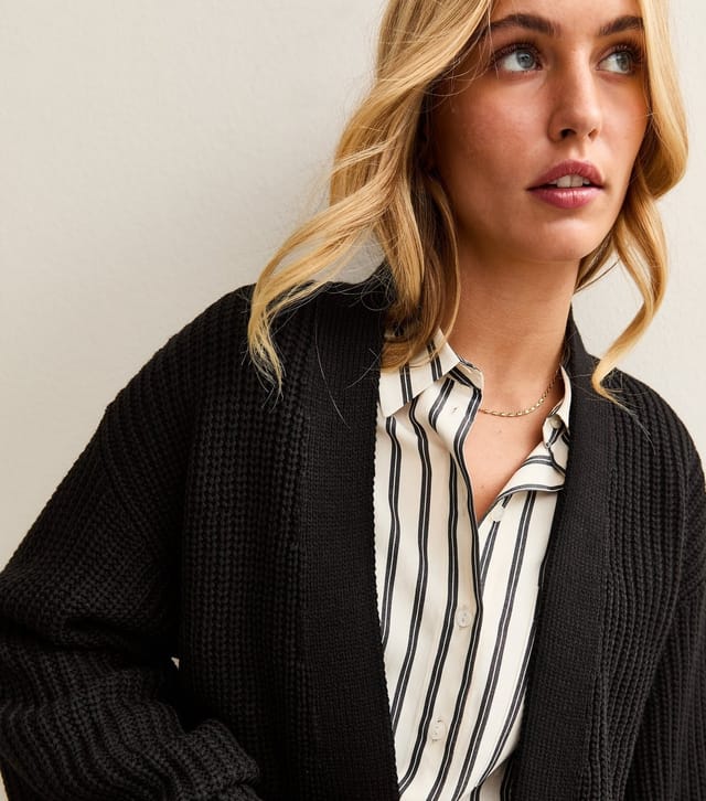 New Look Women's Tall Black Ribbed Knit Balloon Sleeve Long Cardigan New Look - 3