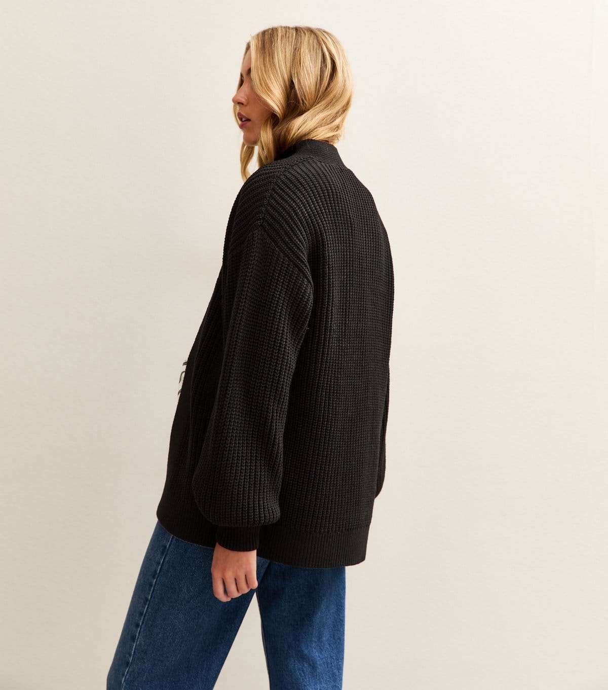 New Look Women's Tall Black Ribbed Knit Balloon Sleeve Long Cardigan New Look - 4