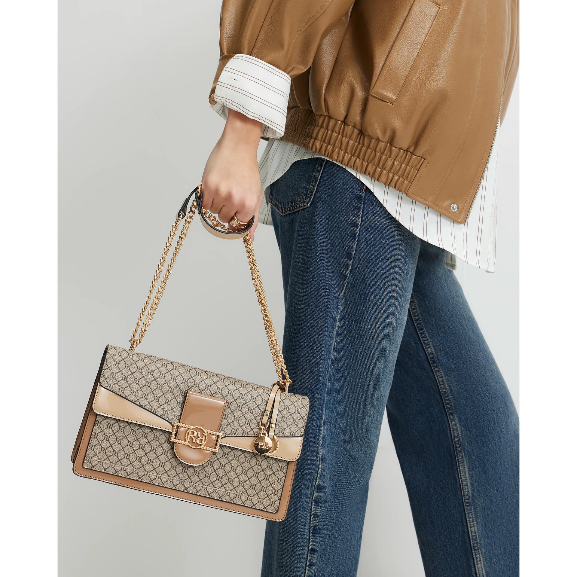 River Island River Island Womens Brown Monogram Print Shoulder Bag