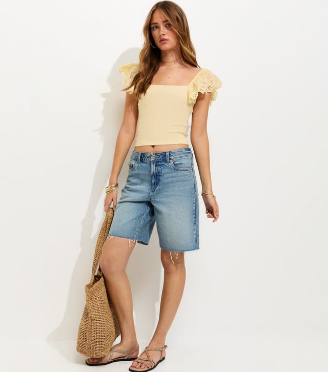 New Look Women's Light Yellow Ribbed Jersey Broderie Sleeve Vest Top New Look - 3
